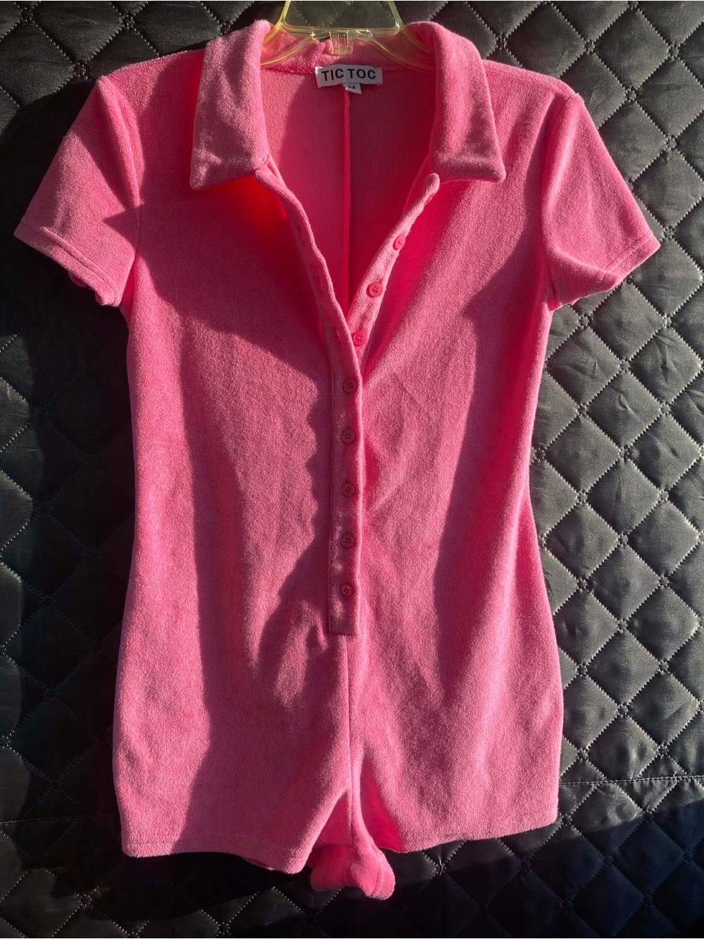 Tic Toc Baby Pink Button-Front Terry Romper